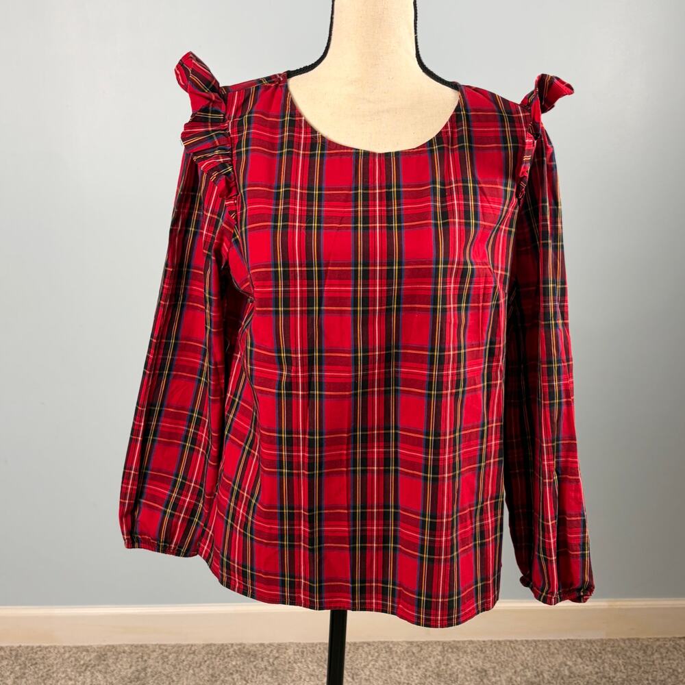 J.Crew Re-Imagined Tartan Plaid Ruffle Shoulder Cottagecore Blouse M